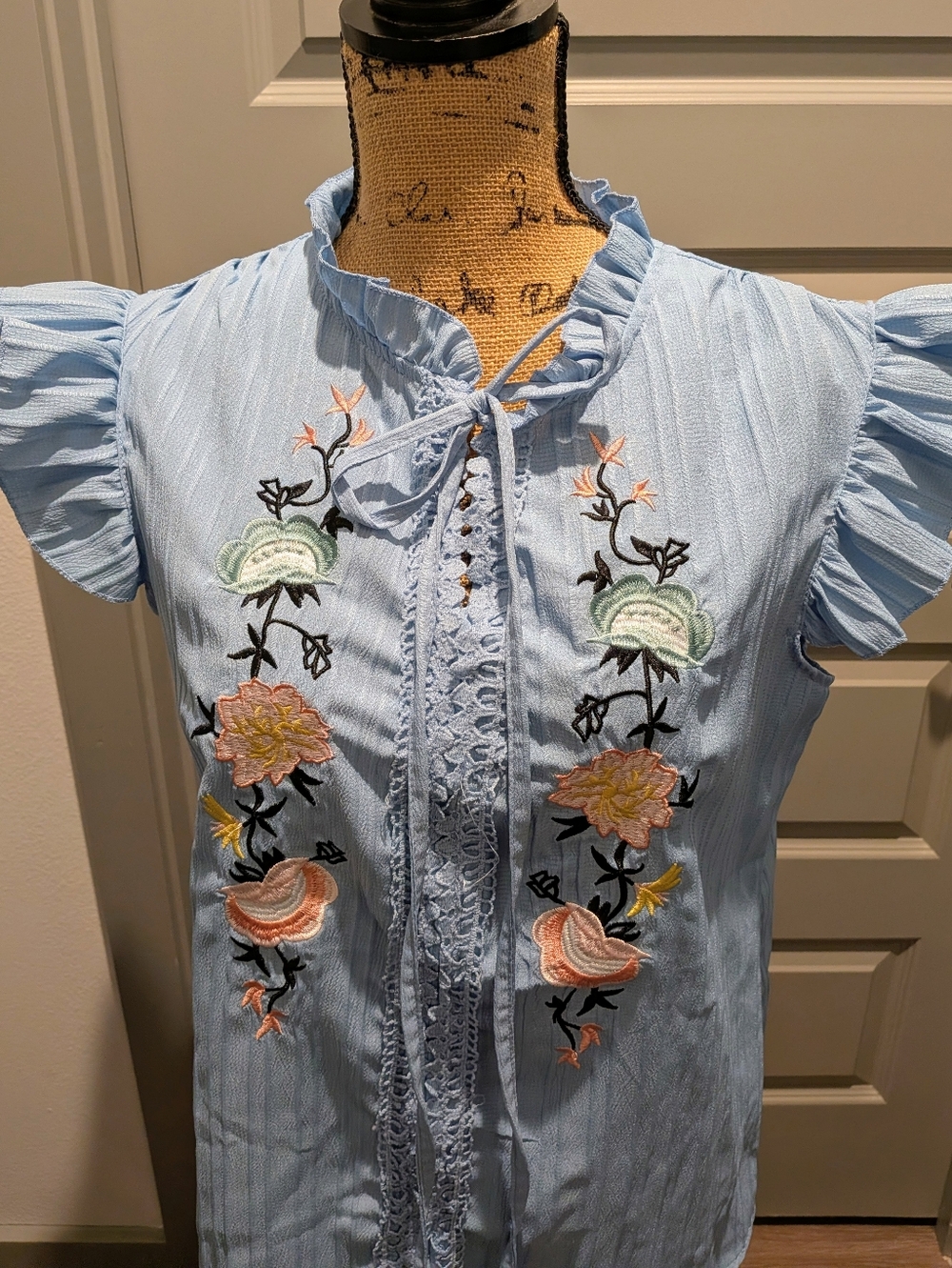 Light Blue Embroidered Ruffle Sleeve Top - Picture 5 of 7